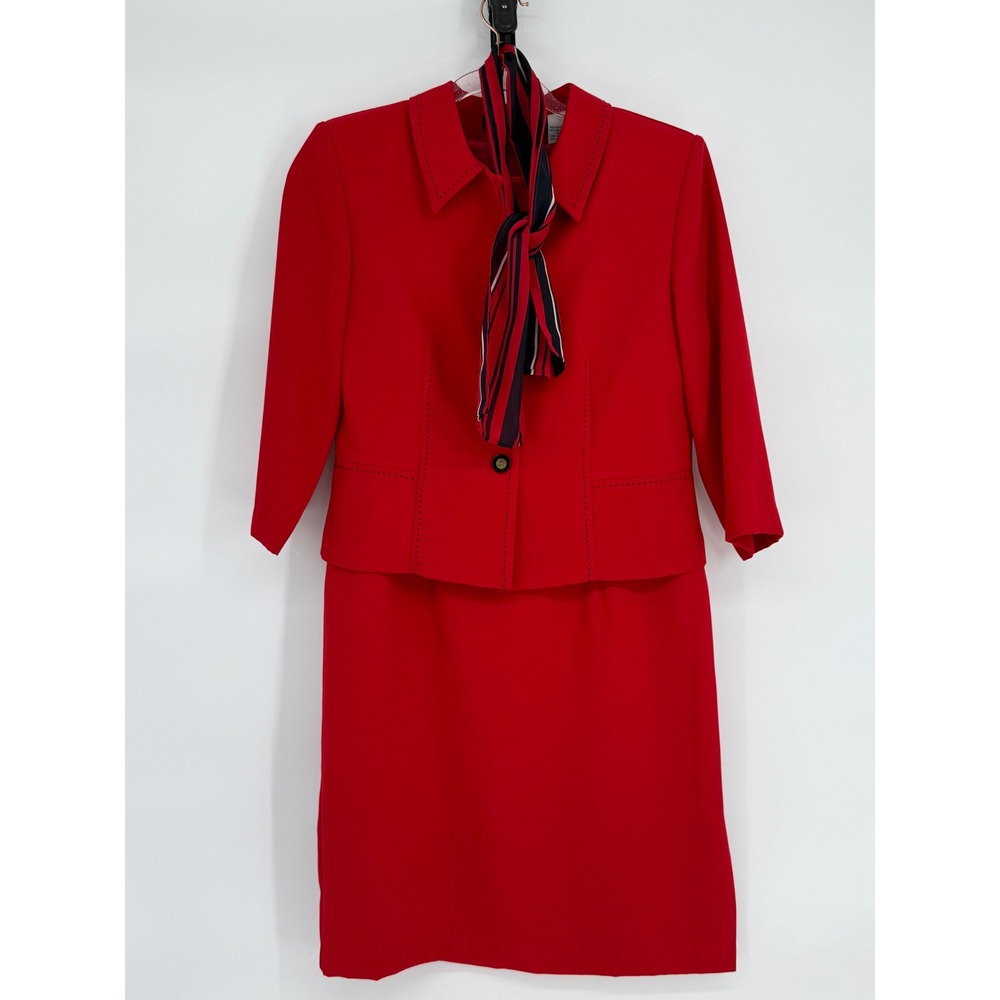 Sag Harbor Suit Dress Petite Red Blazer Jacket 3/4 Sleeve w Scarf Size 6P